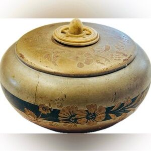 Original Vintage Fine Art Lidded Wooden Floral Bowl Bone Knob Lid Coffee